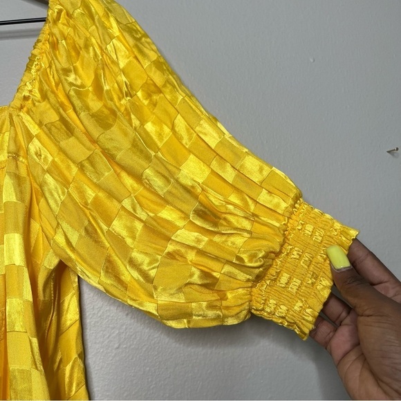 NEW Jen's Pirate Booty Top XS Yellow Checkered Square Neck Satin Feminine Legacy - Picture 3 of 6